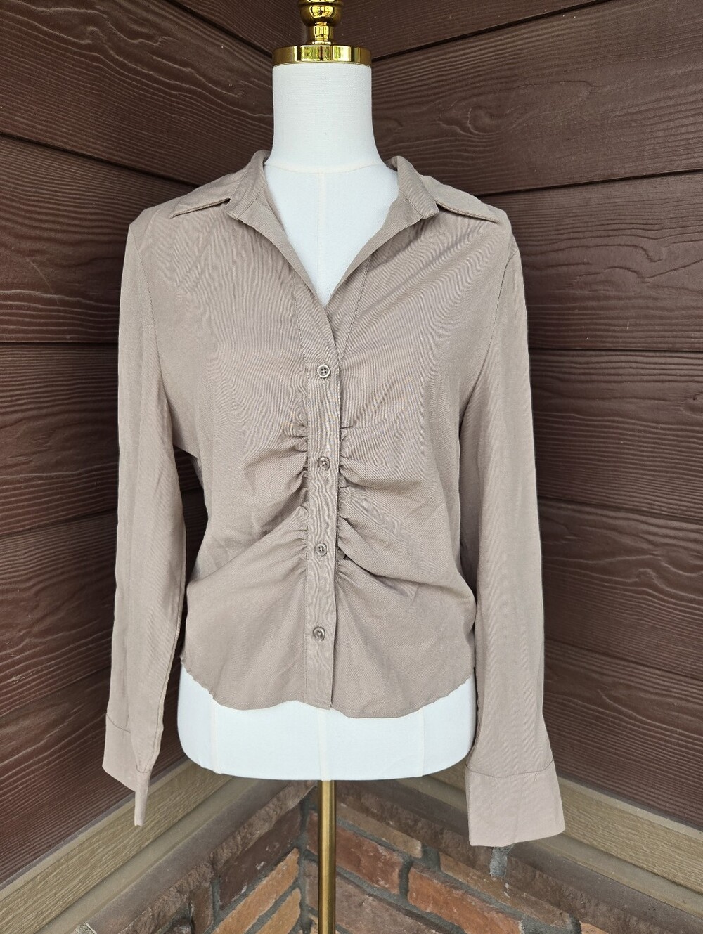 Miss Love Taupe Ruched Button‑Front Long Sleeve Shirt